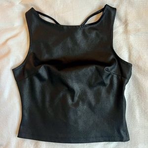 Black Leather Looking Crop Top with Crew Neck, Criss Cross Back - Small/Medium